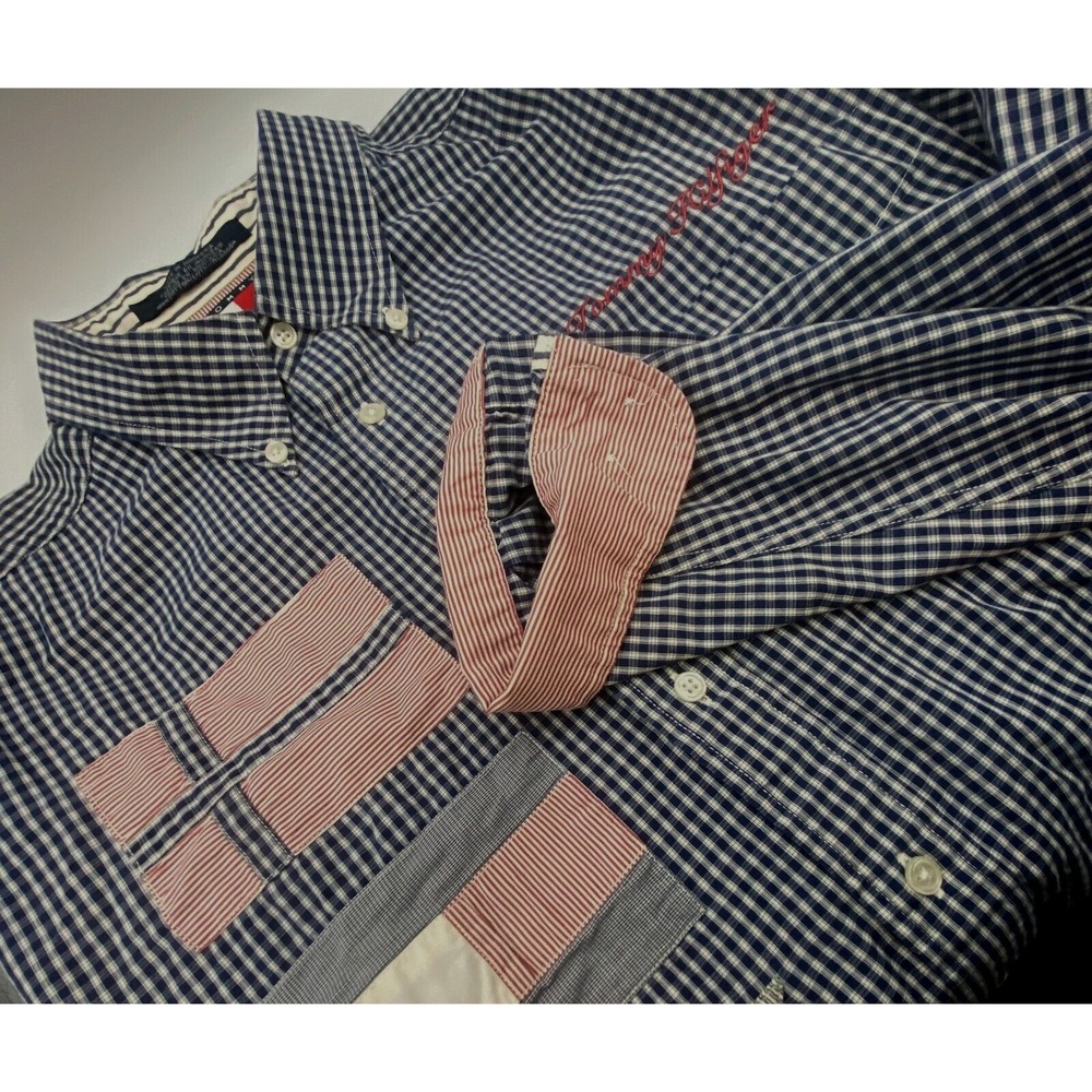 Vintage Tommy Hilfiger Mens Shirt Patchwork Flags Flip Cuffs Blue Long Sleeve XL